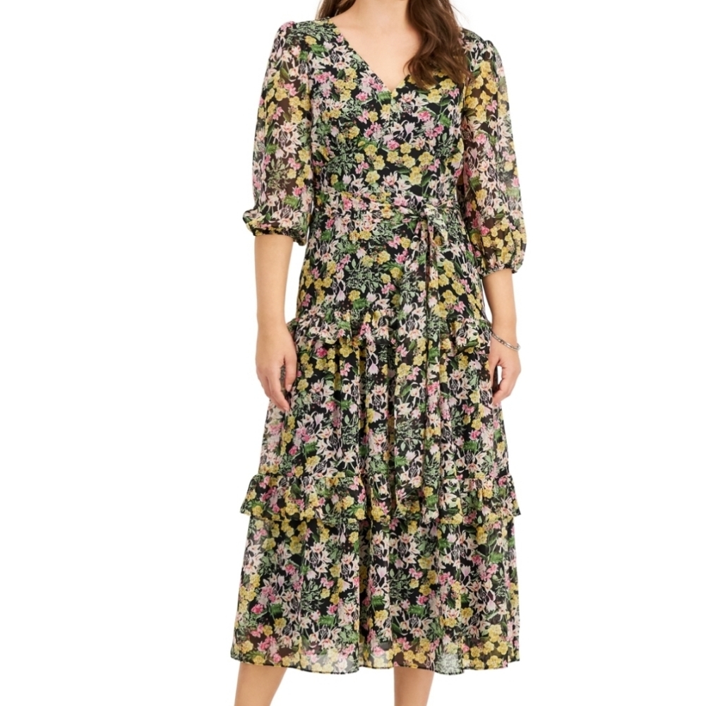 Taylor Cottagecore Chiffon V-Neck Mid-Sleeve Tiered Floral Maxi Dress Women's S